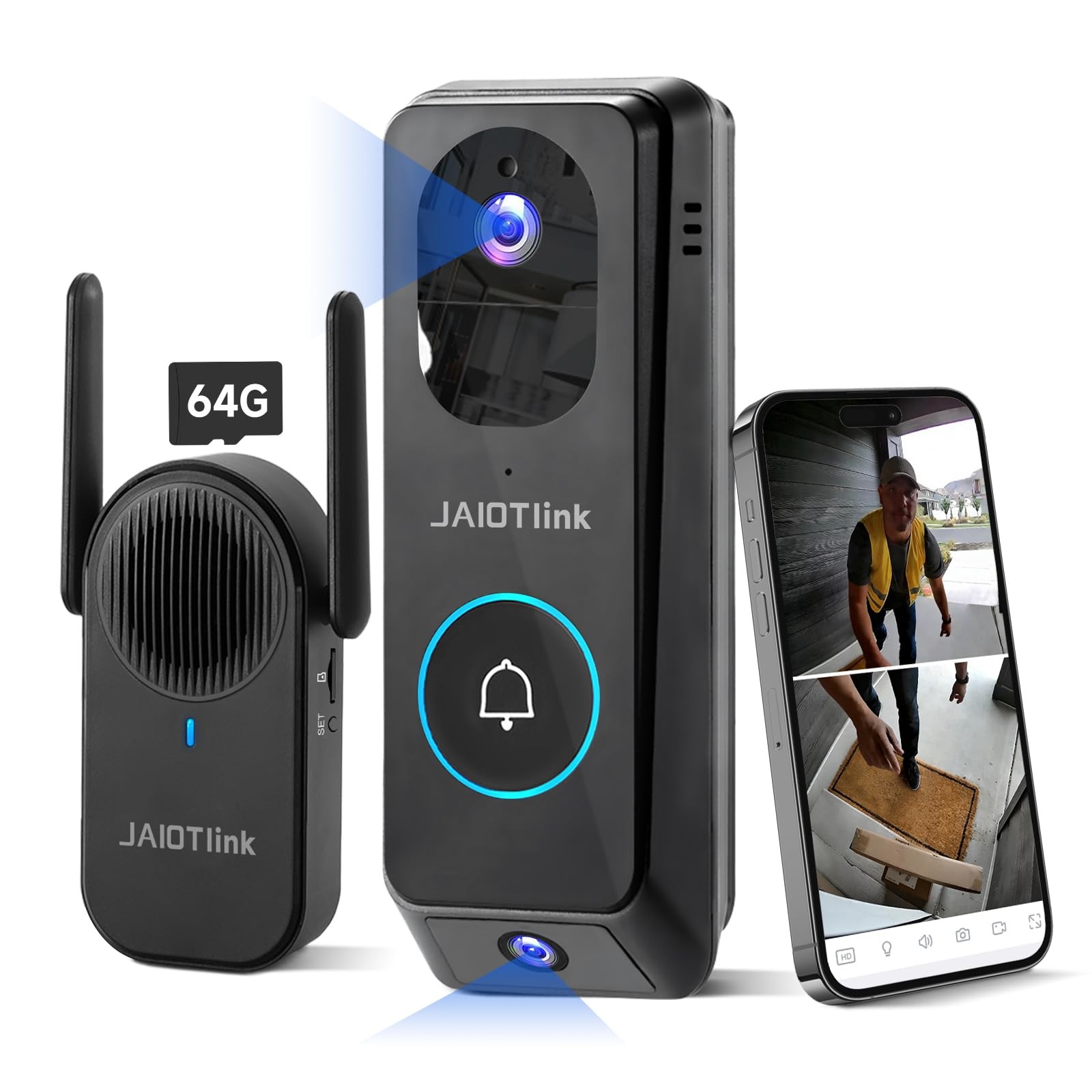 JAIOTlink 2K Dual Lens Video Doorbell Camera Wireless 2.4G/5G WIFI, Black