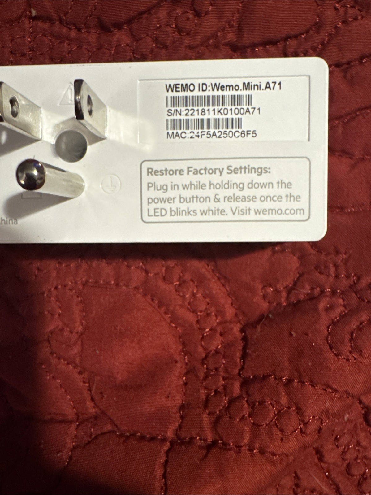 #T) WEMO WiFi Enabled Mini Smart Plug F7C063 Tested