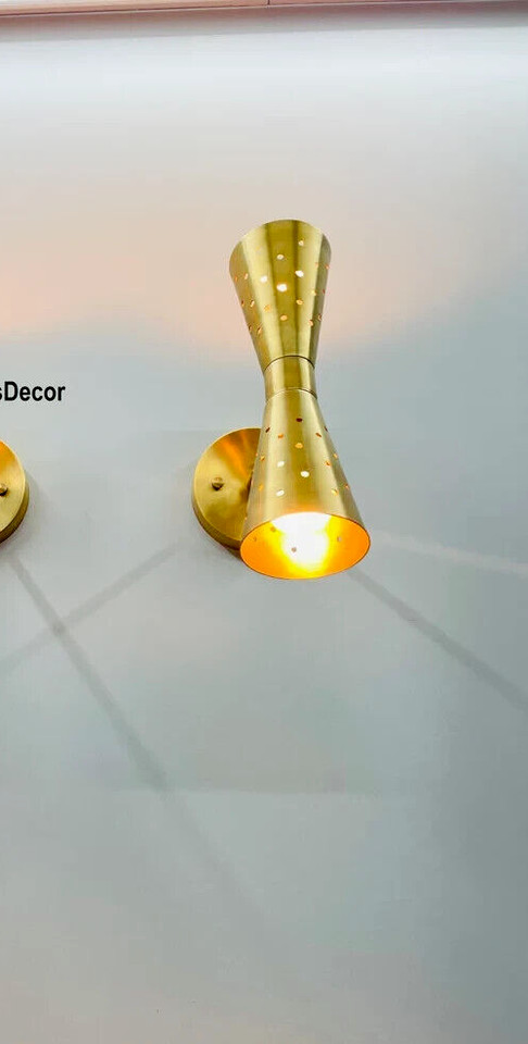 Pair Atomic 50's 60's Style mid-Century Modern Bow tie Dual Cone Wall Sconce