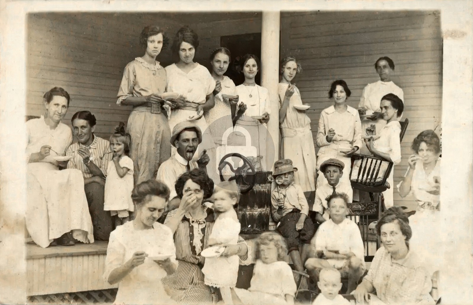 Hand-Crank Ice Cream Making on the porch Group Portrait RPPC Photo Postcard COPY