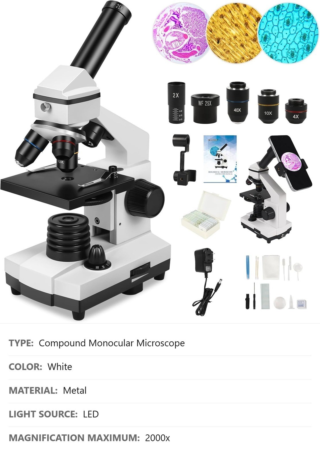 Compound Microscope, 100X-2000X, LED Light, Smartphone Adapter, White