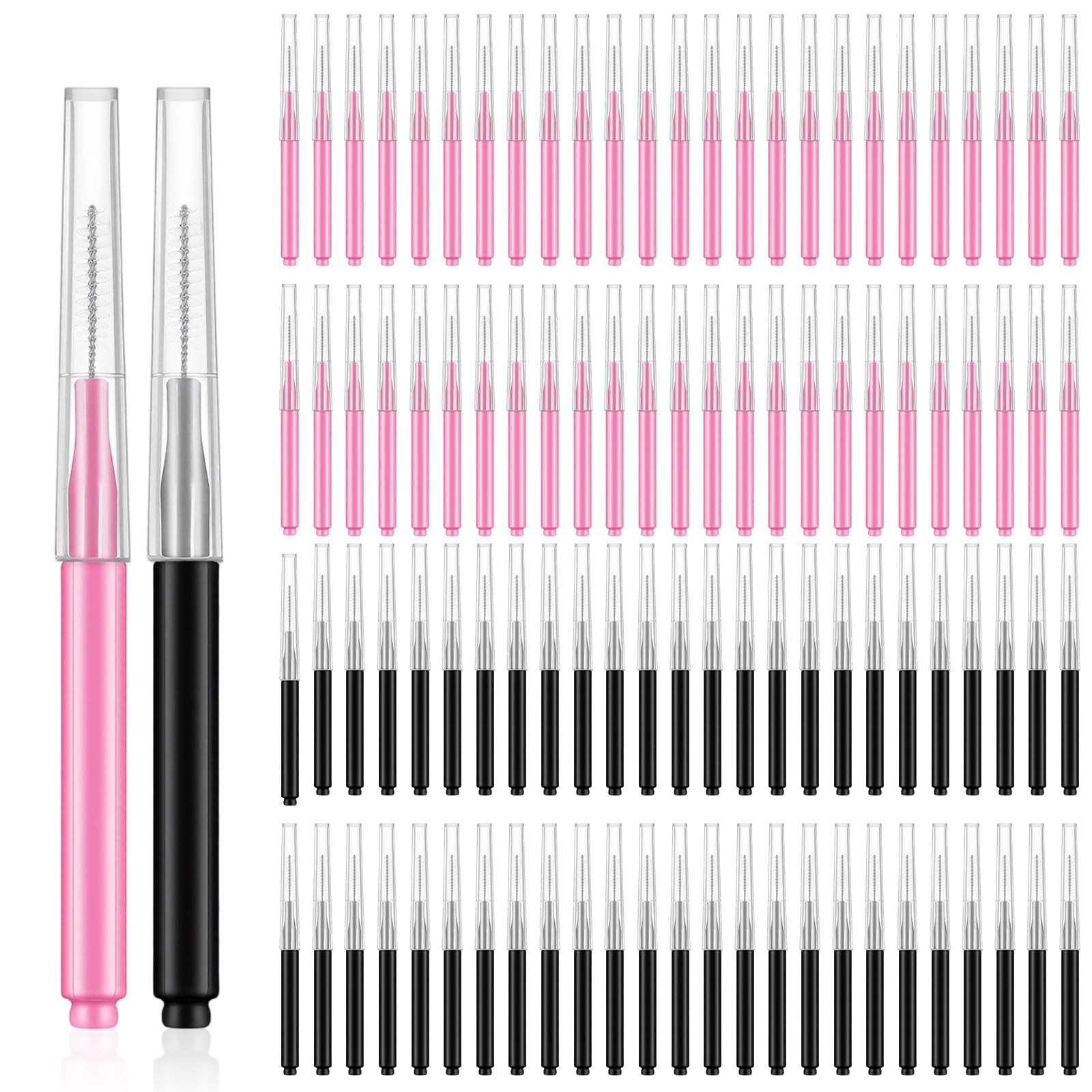 100 PCS Micro Eyebrow Brush, Black Eye Brow Lamination Brushes with Cap, Pink...