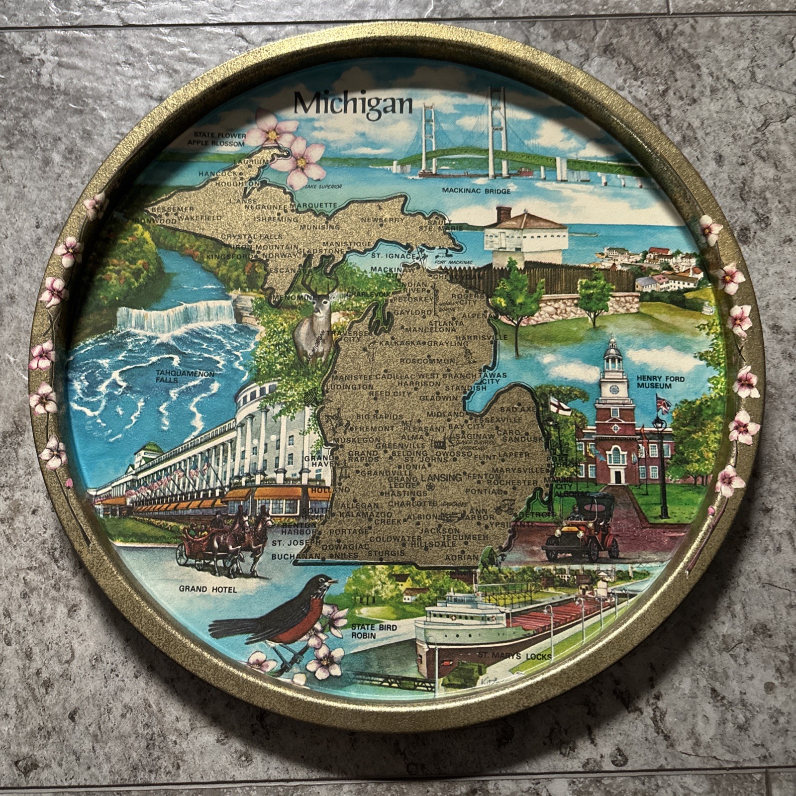 Vintage Michigan Souvenir Metal Serving Tray 11"
