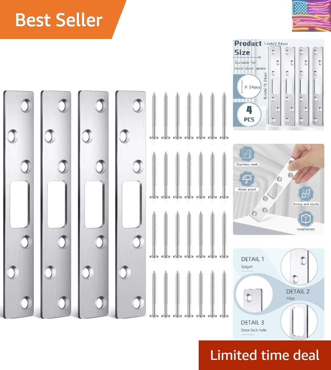 4 Pcs 6 Inch Door Strike Plate Security Latch Strike Stainless Steel Door Rei...