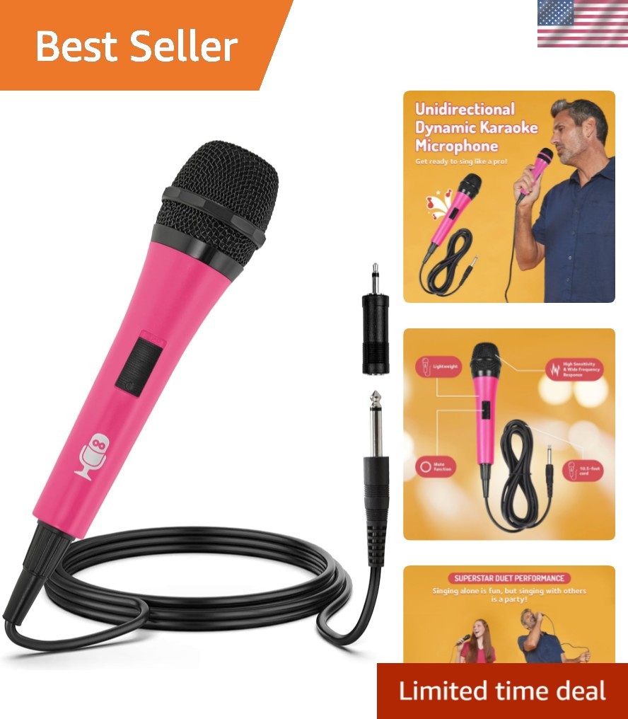 Pink Unidirectional Dynamic Karaoke Microphone - 10.5ft Cord for Parties