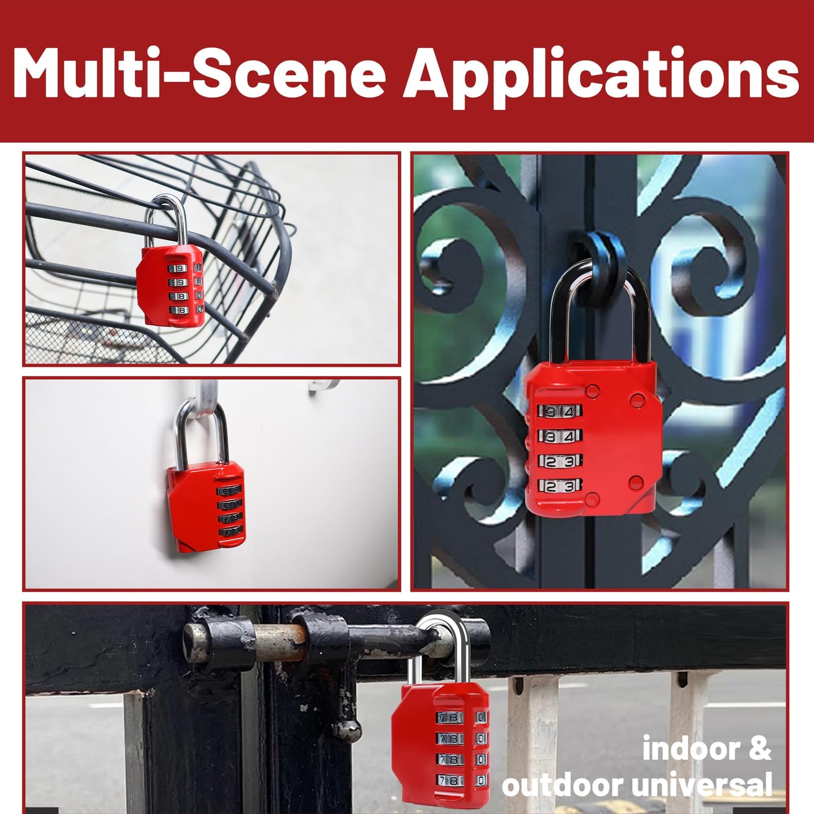 Combination Lock 4 Digit, Resettable Locker Lock,Waterproof Metal Red