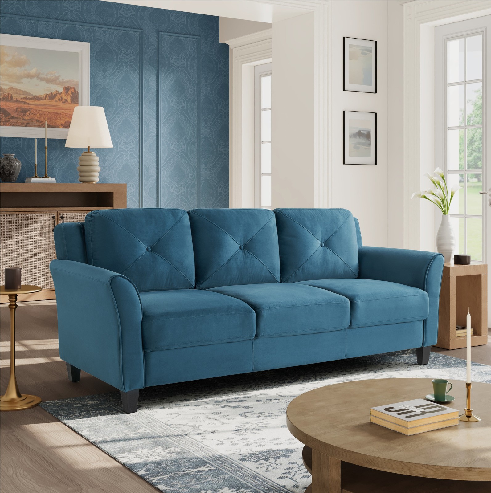 Taryn Traditional Sofa with Curved Arms Blue Fabric Upholstery FREE SHIPPING USA