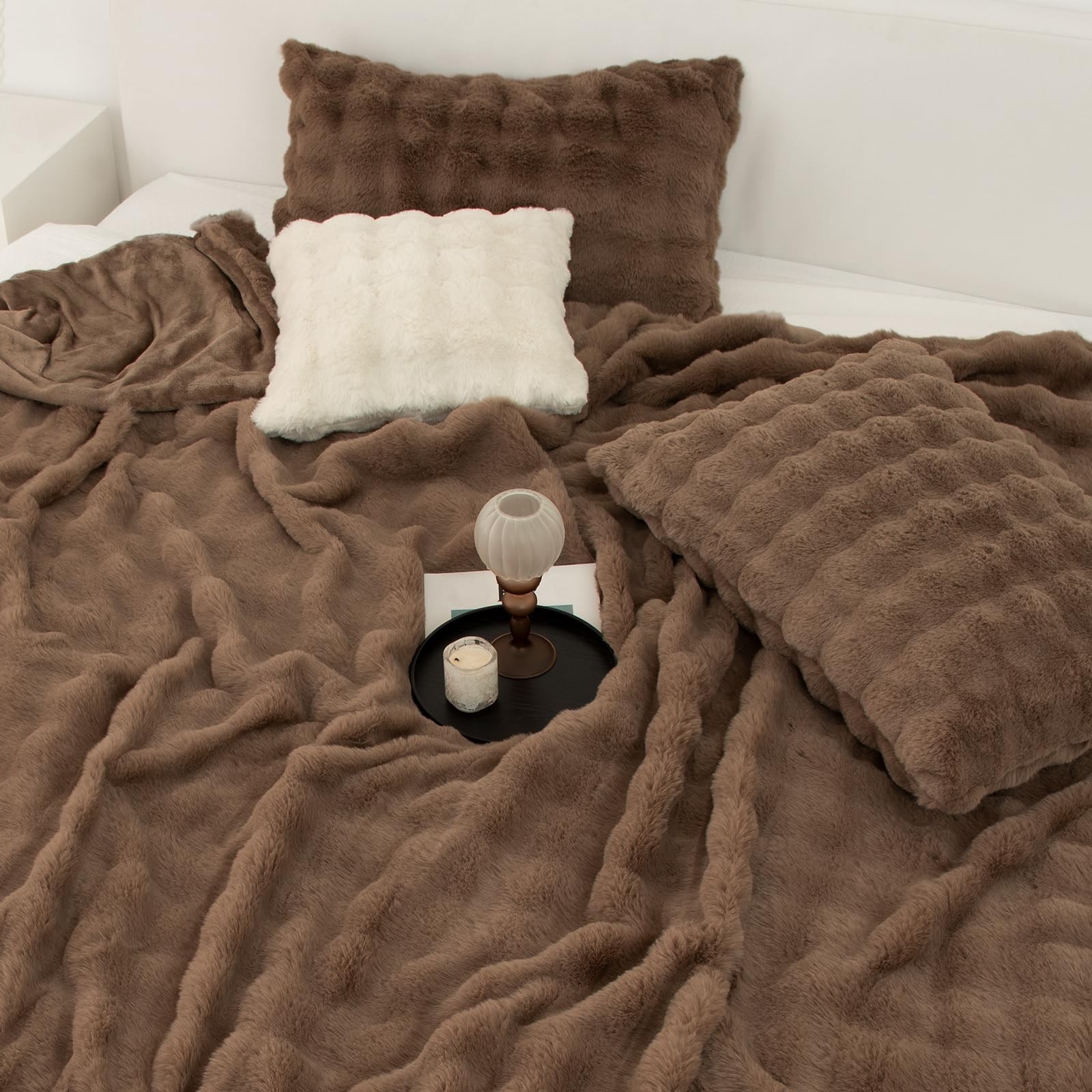 Faux Rabbit Fur Bubble Electric Blanket Queen Camel - Fluffy Thick Heated Bla...