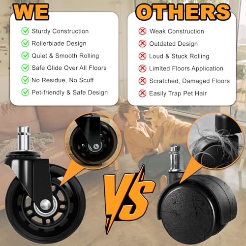 Office Chair Wheels for Casters Replacement - 3" Rubber Wheels 3 Inch 3" Black