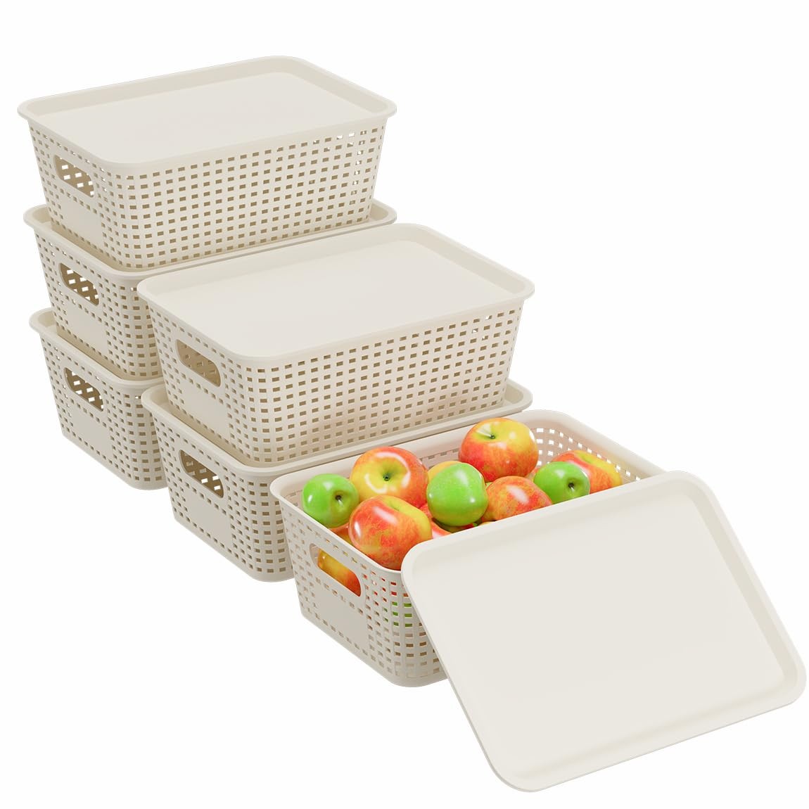 6 Pack Plastic Storage Baskets with Lids, Breathable Stackable Organizer Bins...