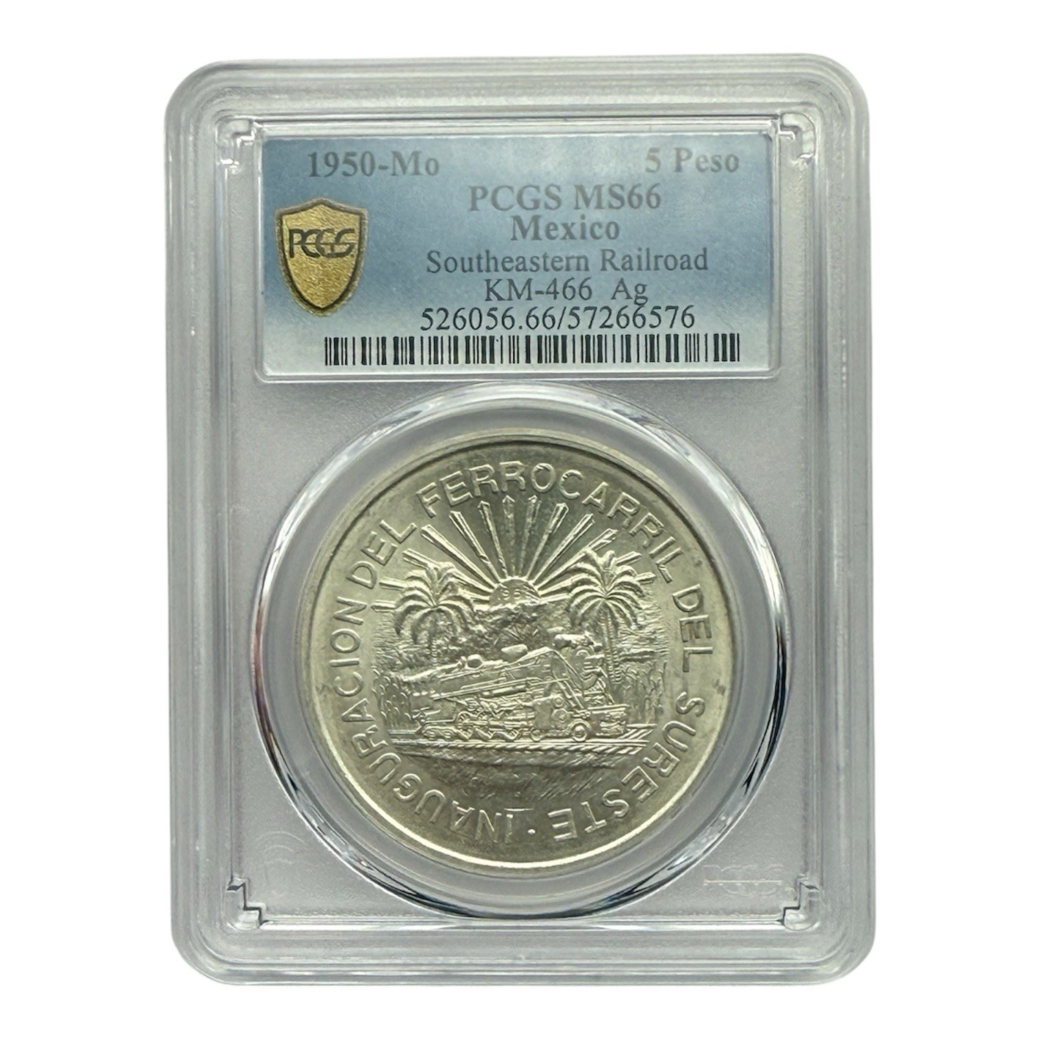 1950-Mexico 5 Pesos-Southeastern Railroad-PCGS MS 66-High Grade-Blast White Gem