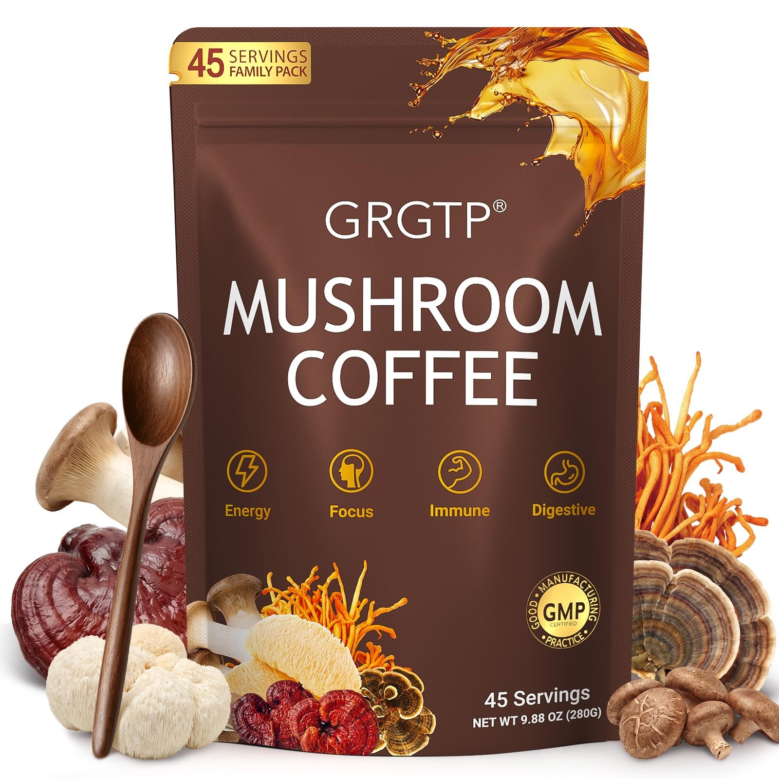 GRGTP Mushroom Coffee - Superfood Blend with 6 9.88 Ounce (Pack of 1)