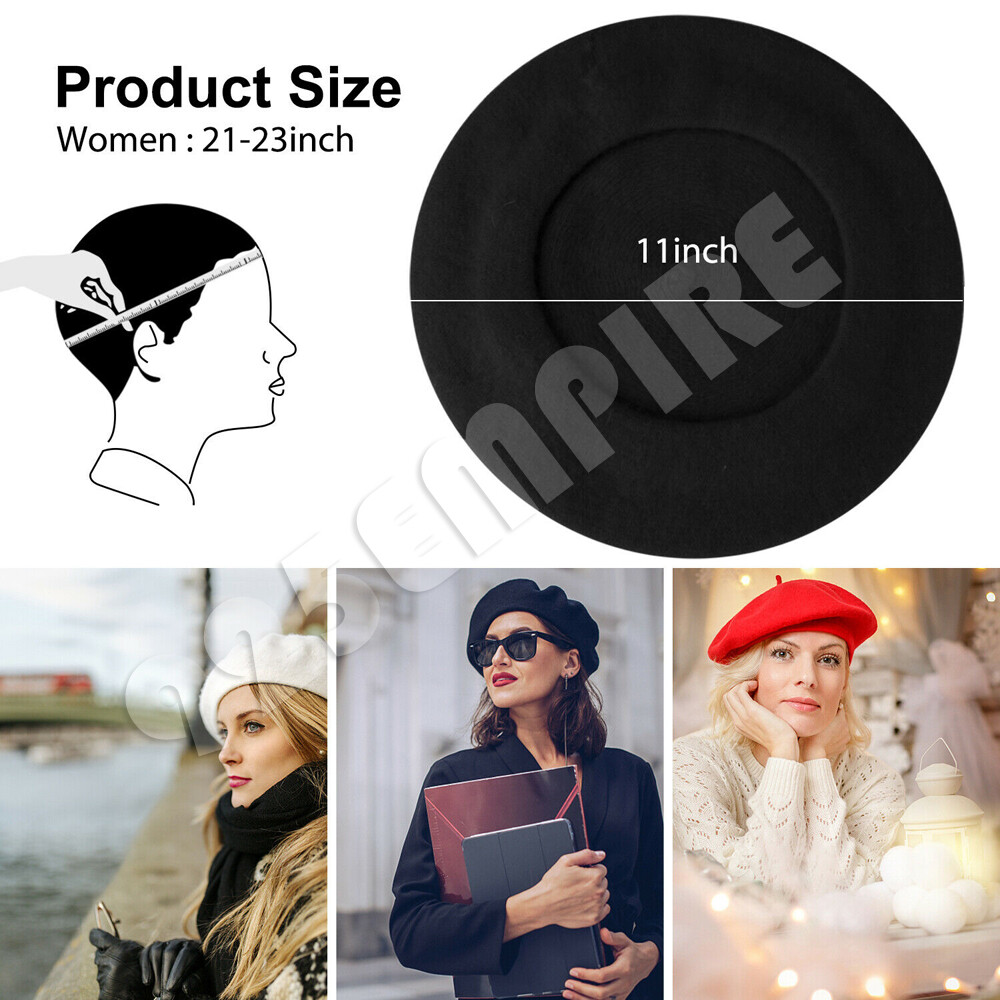 Women's French Beret Hat Solid Color Plain 100% Wool Classic Traditional Cap