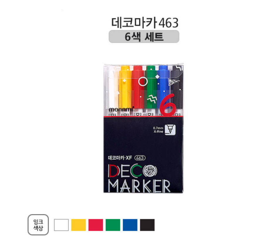 MONAMI Deco Marker 463 Water Based Marker 6pcs SET Basic / Fluorescent / Metal