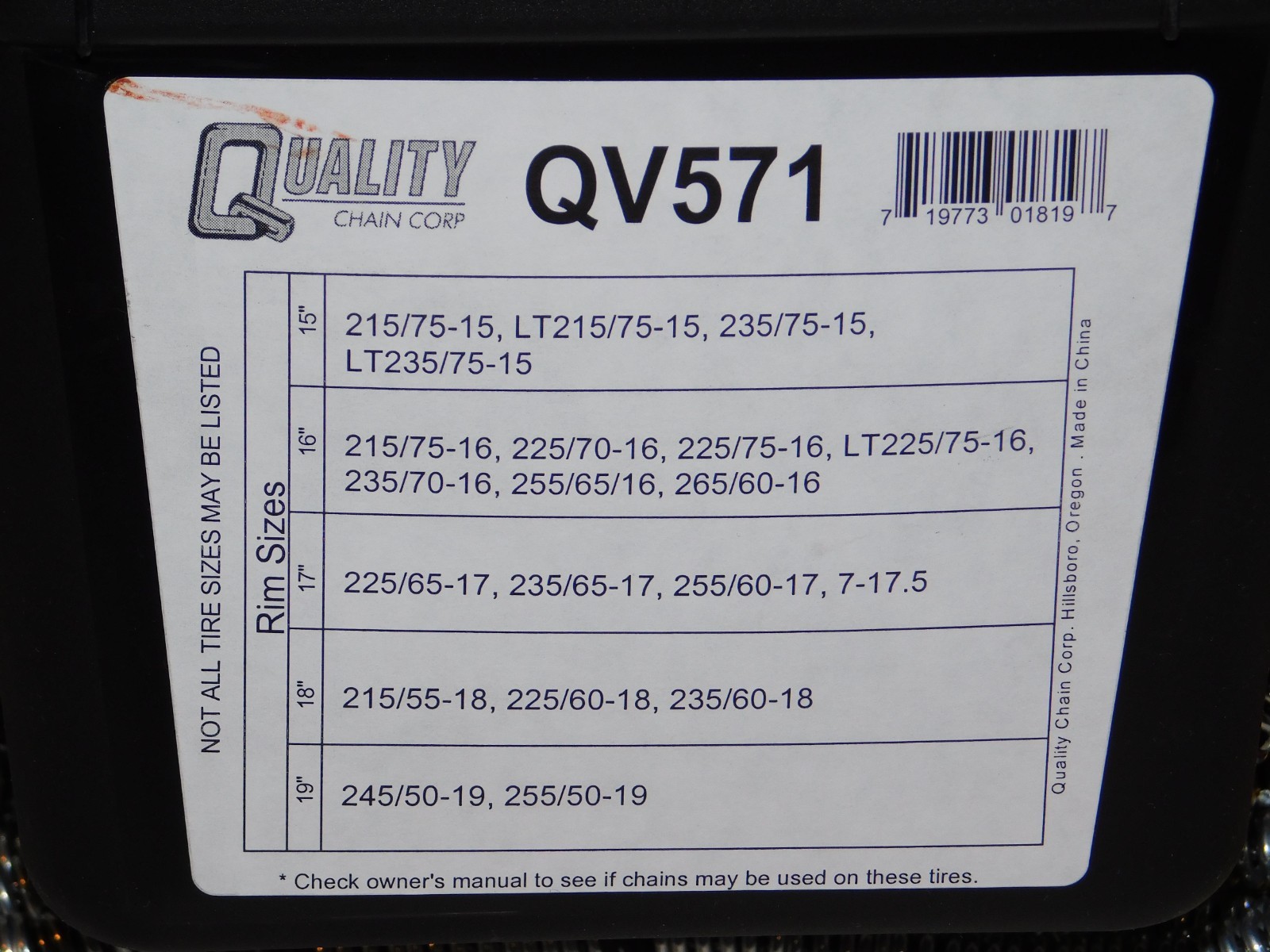 QV571 High VOLT Diagonal Cable Premium Tire Chains - Never Used