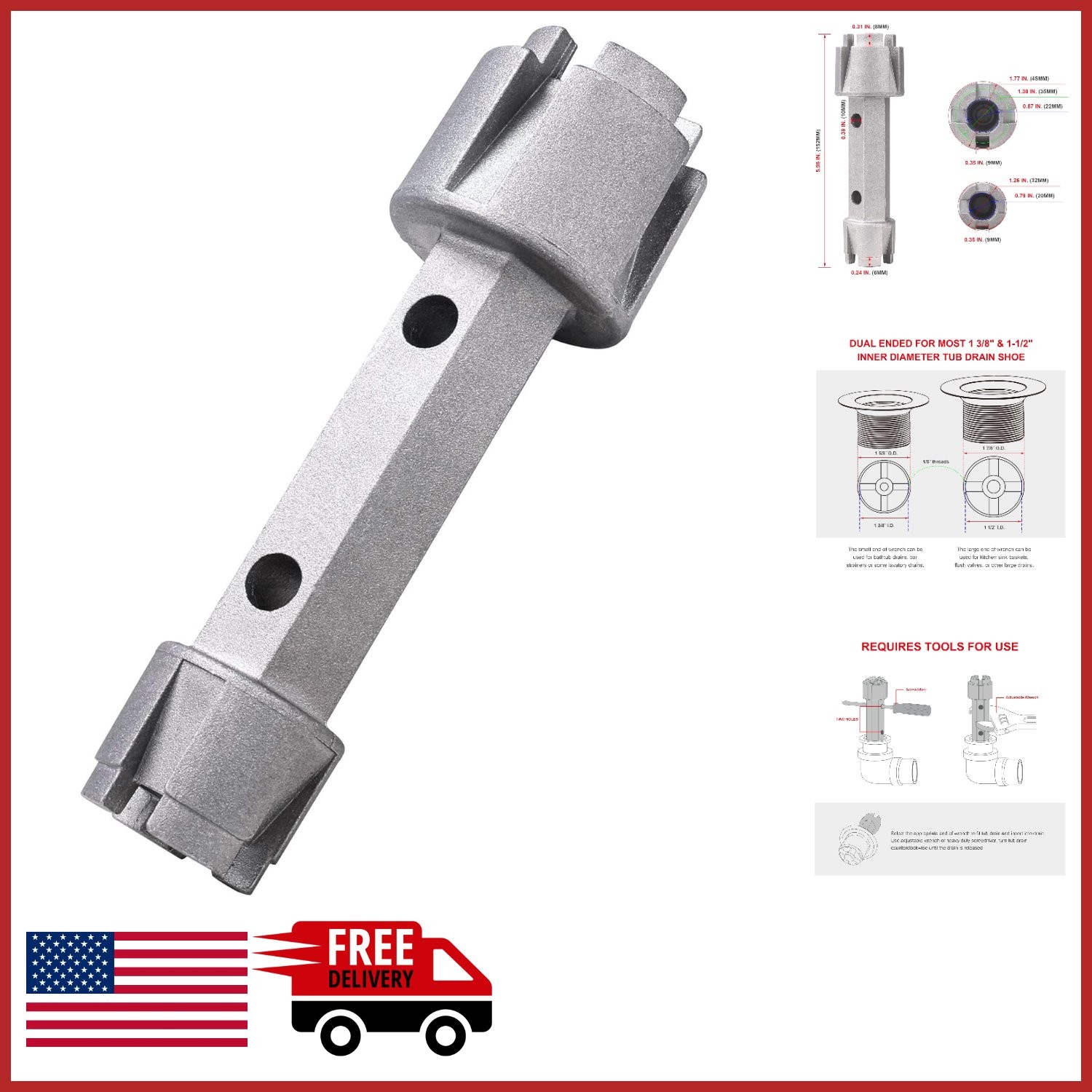 Lightweight Aluminum Tub Drain Tool for Quick Drain Installation and Removal