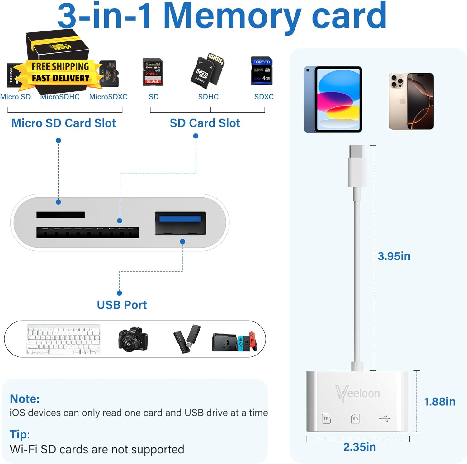 OTG SD Card Reader for Iphone 17/16,3-In-1 Memory Card Reader with USB Camera Ad