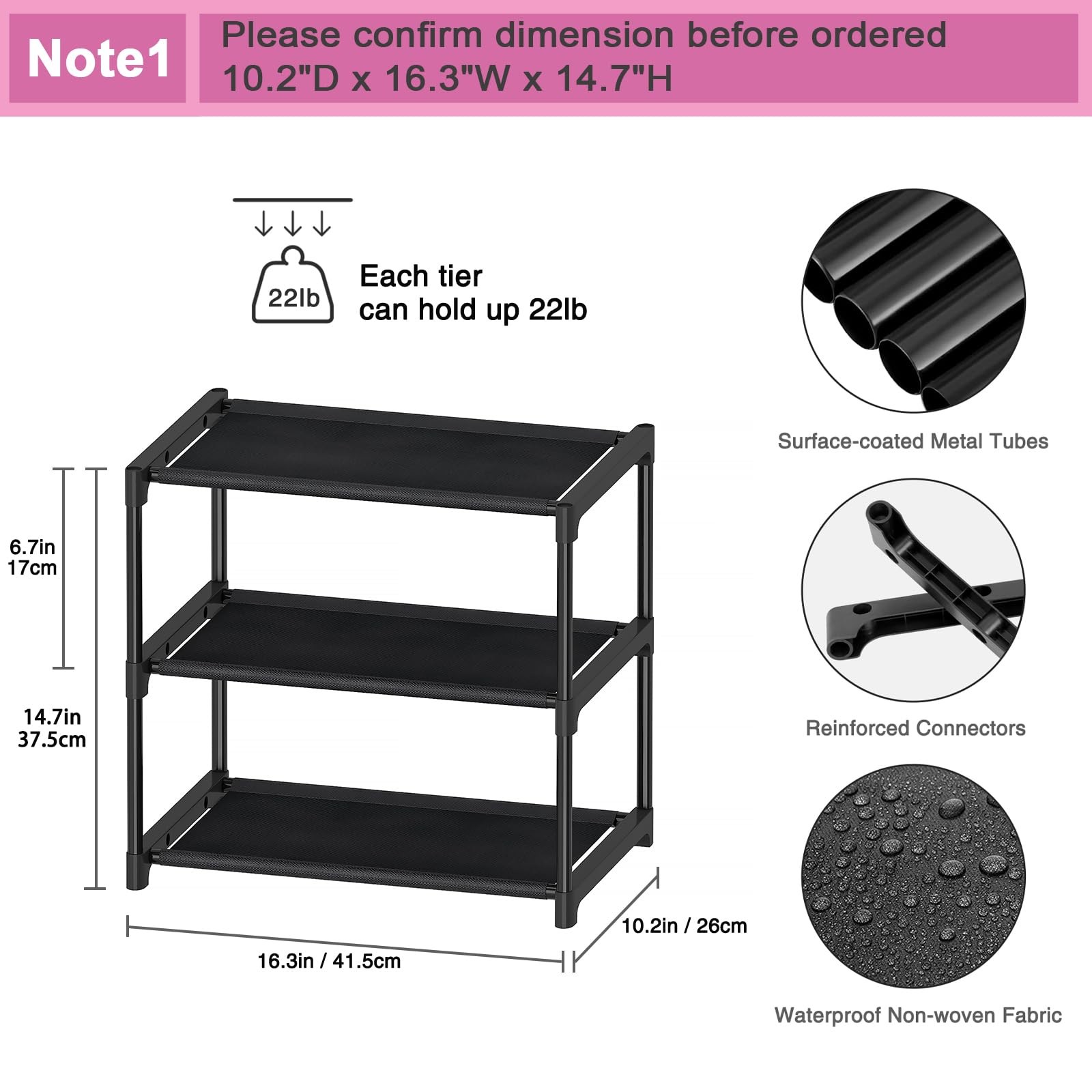 3 Tier Extra Small Shoe Rack (16.3" Wide), Narrow Stackable Shoe Shelf for Ki...