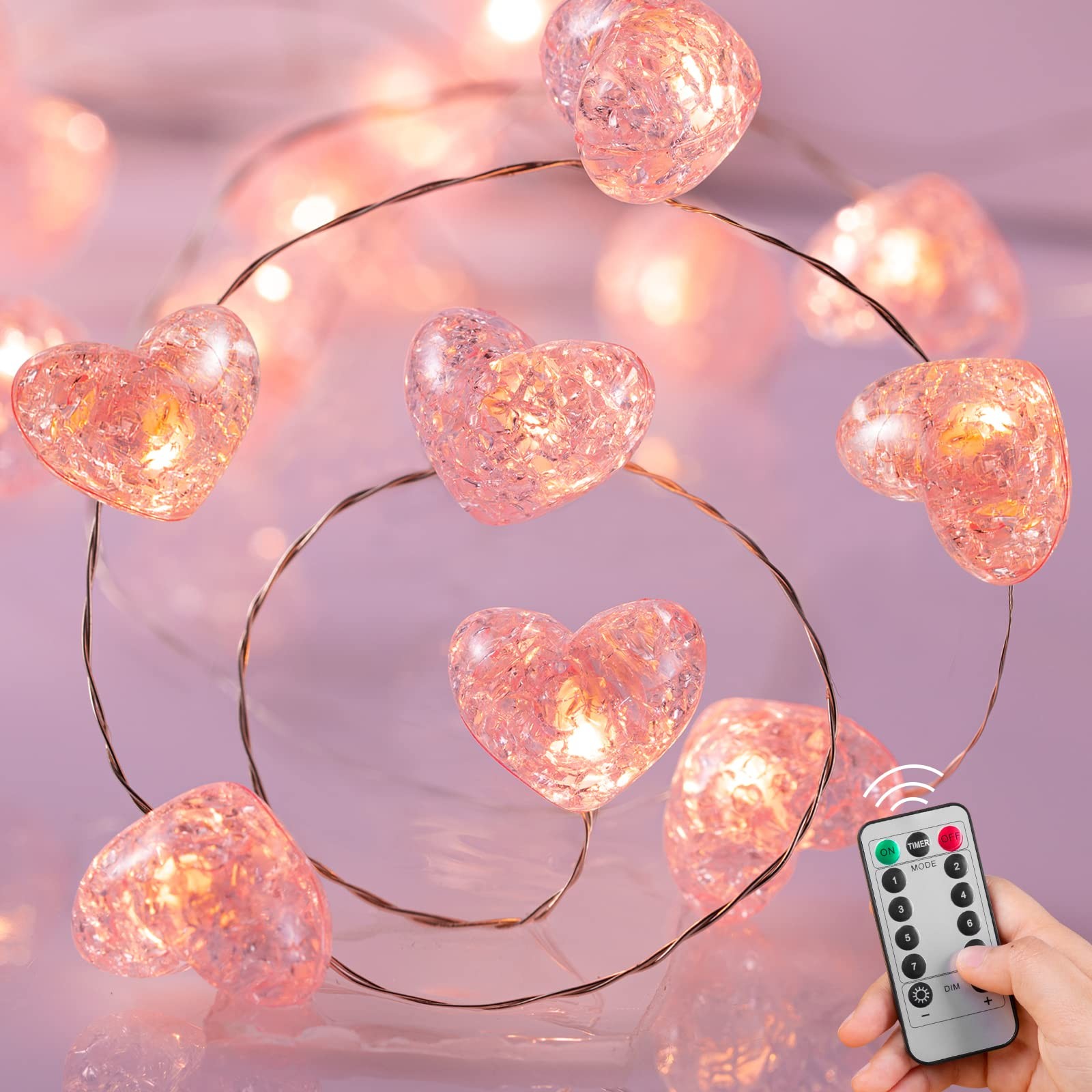 10.5ft Pink Heart String Lights Battery Operated Fairy Lights with Remote