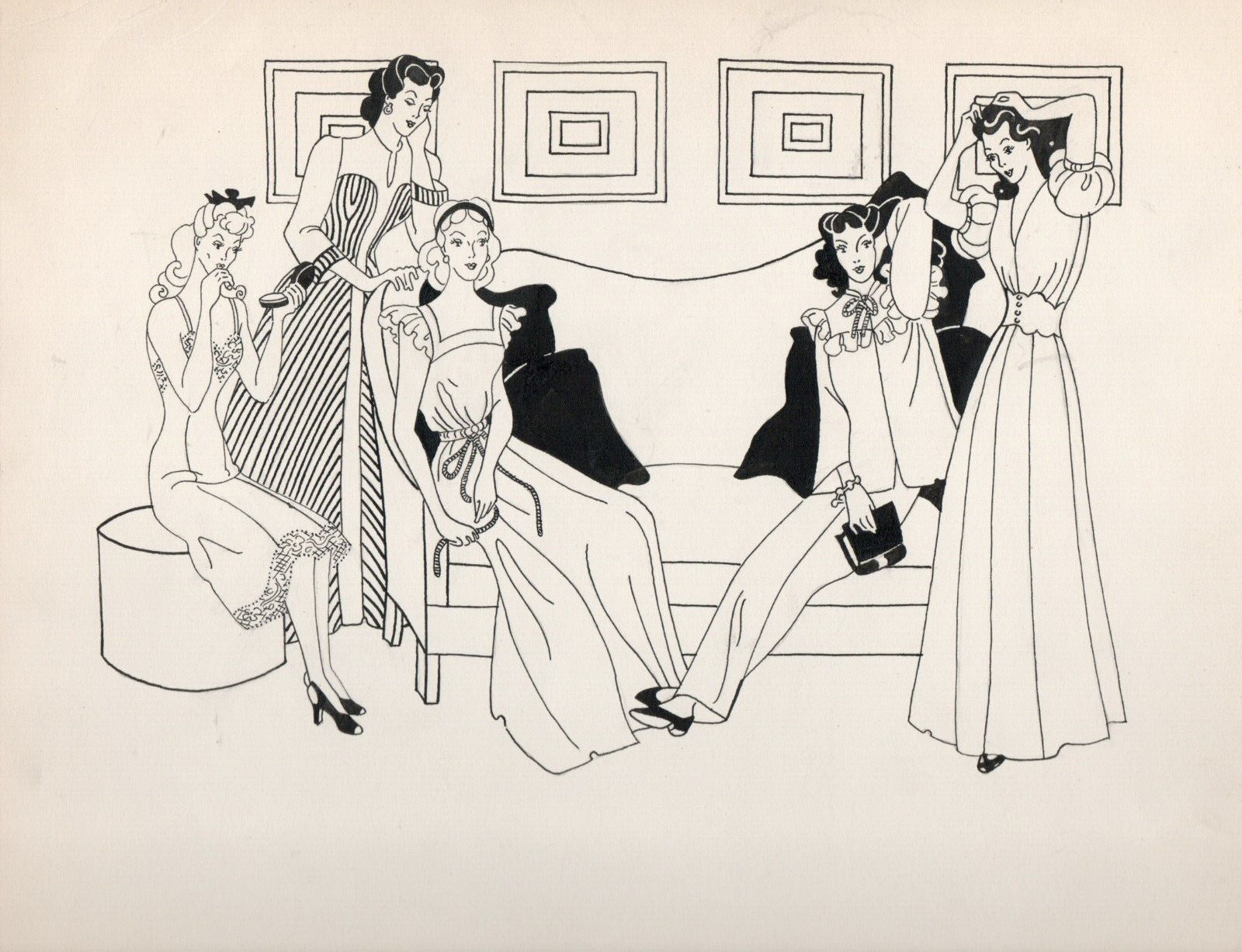 Original 1940s Ink Fashion Drawing of 5 Models in Evening Wear