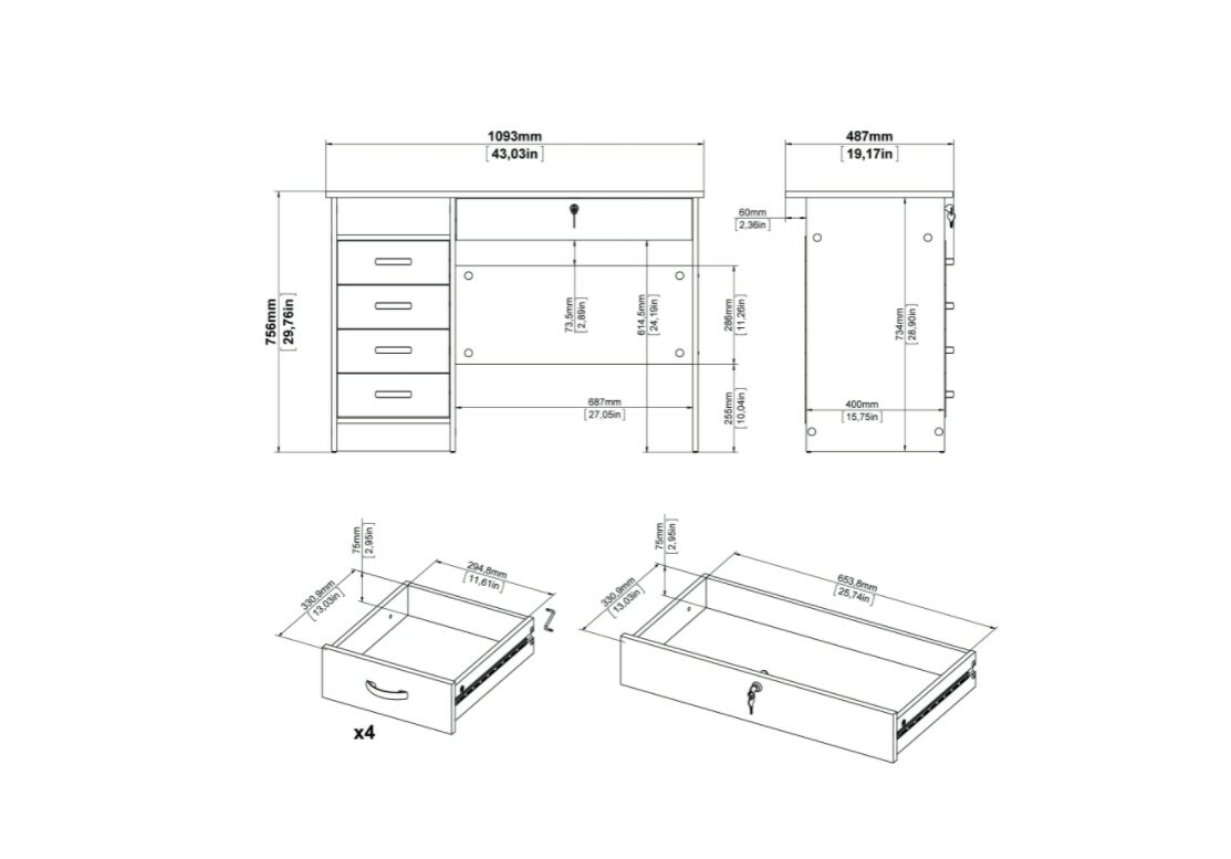 43 in. Rectangular White 5 Drawer Writing Desk with Locking Feature