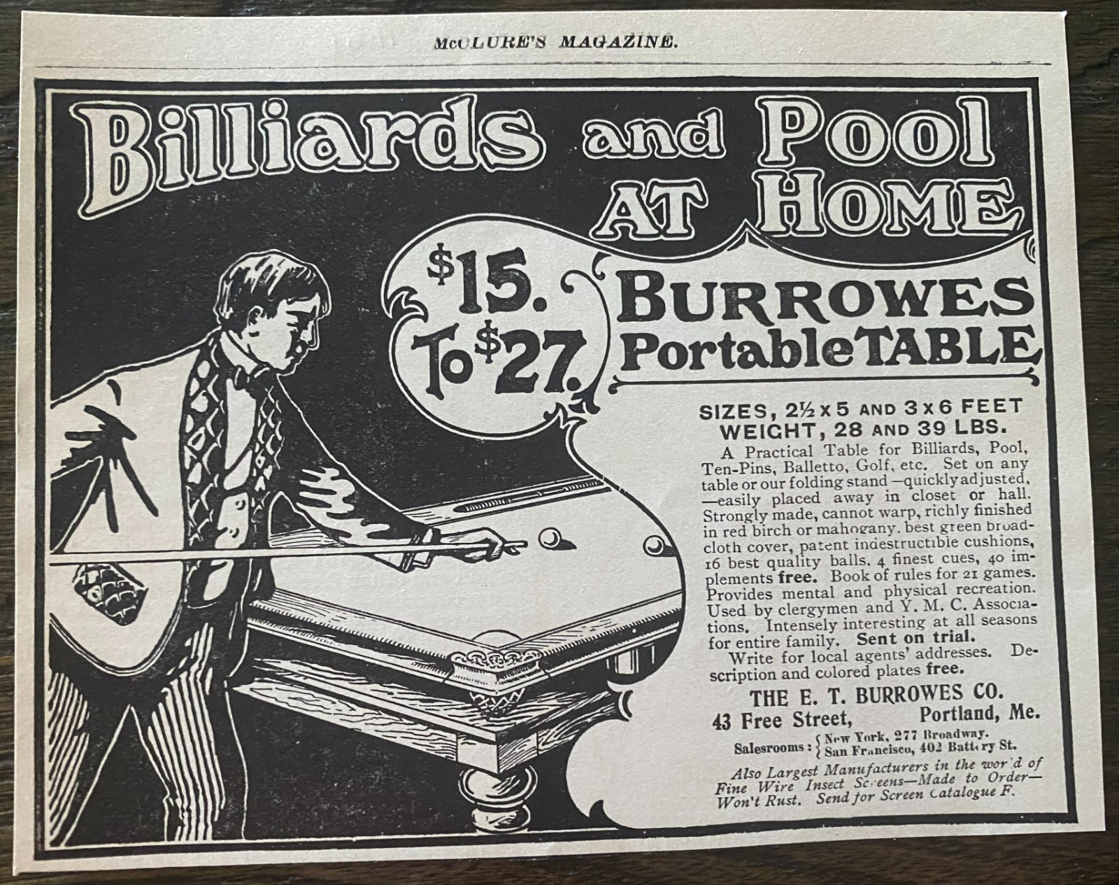 Man Shoots Billiards&Pool at Home E.T. BURROWES Portable Table Vtg 1901 Print Ad