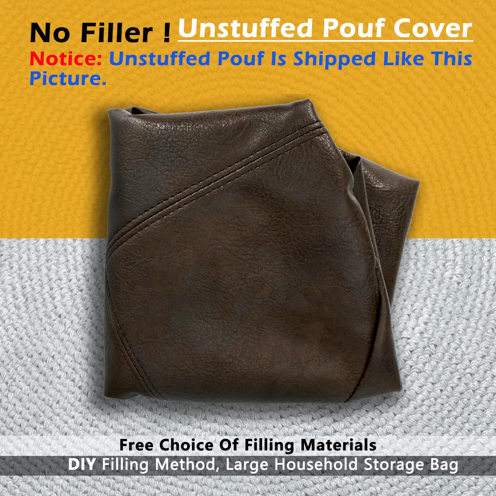 Thgonwid Unstuffed Faux Leather Pouf Cover, 16.5”x12.5”, Matte Coffee
