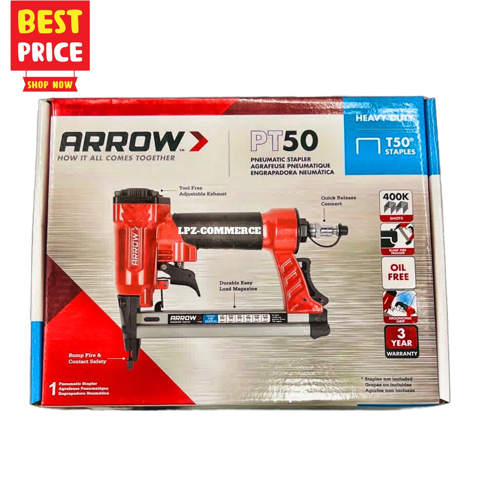New Arrow PT50 Oil-Free Pneumatic Staple Gun, Professional Heavy-Duty Stapler