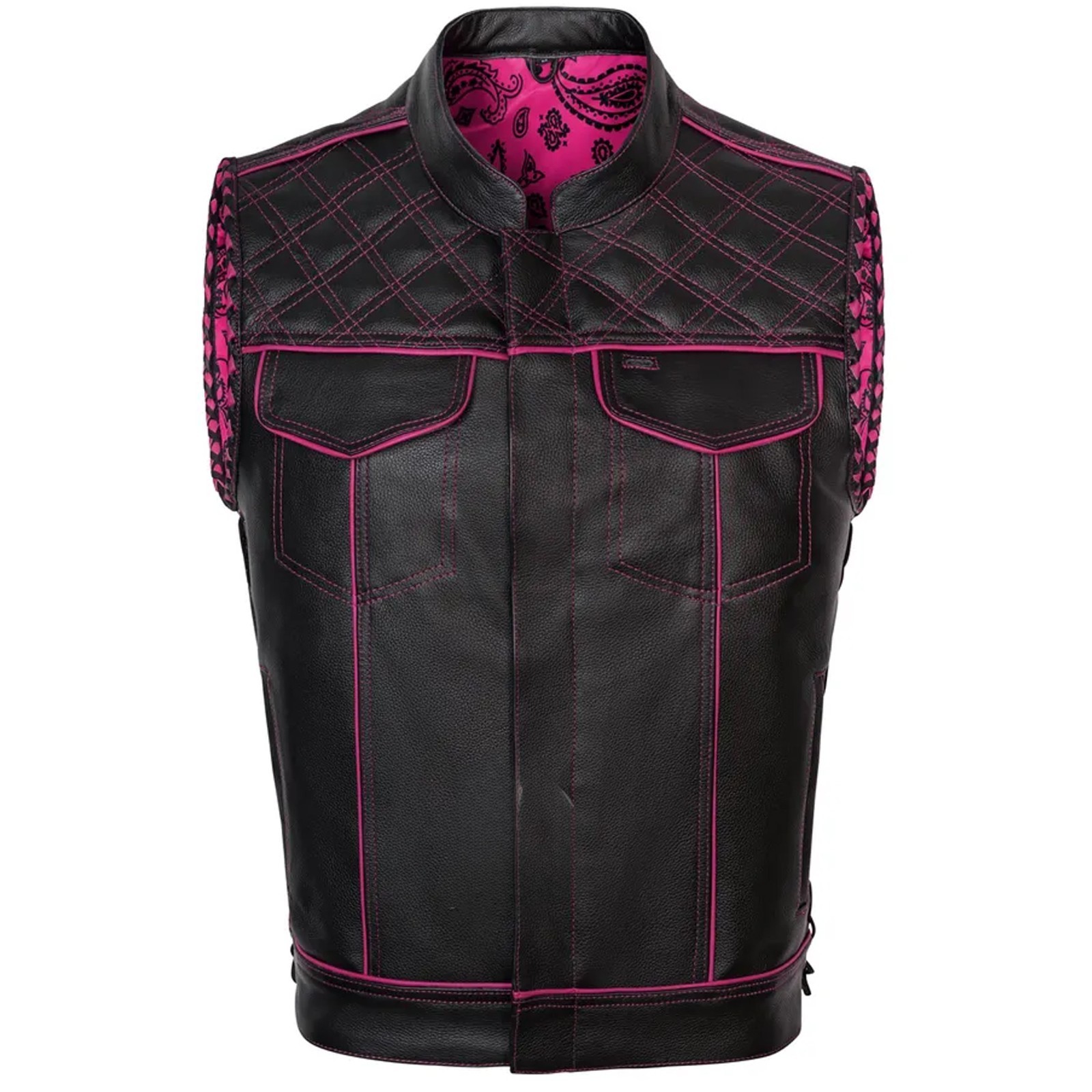Handmade Leather Biker Vest Black & Pink Motorcycle Vest Genuine Leather Club