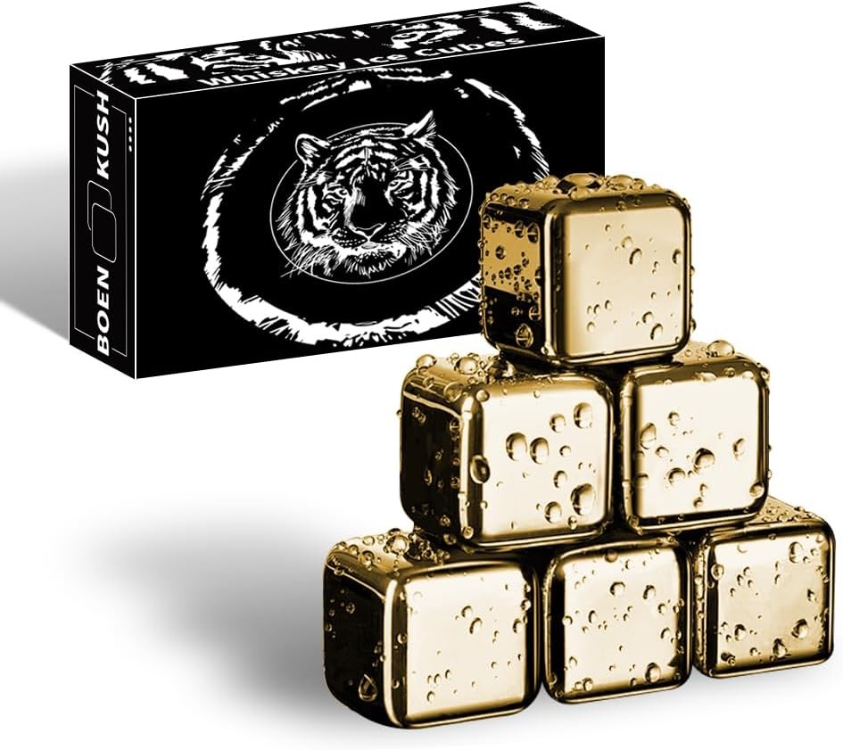 6 Small Whiskey Stones Silver - Man Gift Set - Reusable Stainless Steel Metal