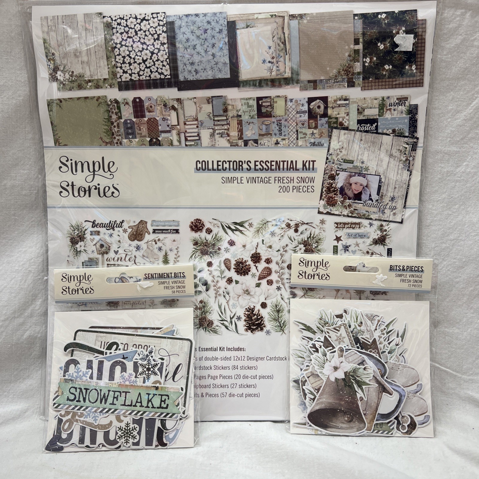 Simple Stories Vintage Fresh Snow Collection Kit 4pcs Sentiment Bits Page Pieces