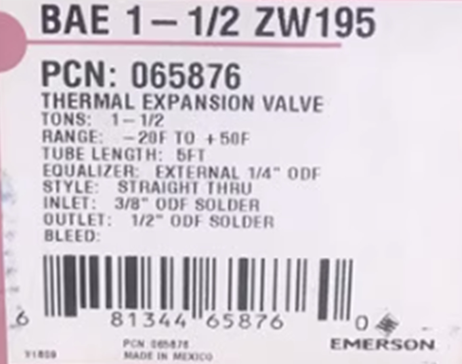 NEW EMERSON BAE 7-1/2 ZW195 Thermal Expansion Valve