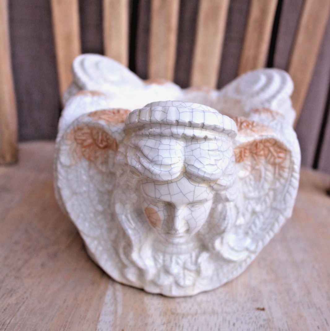 ANGEL CERAMIC White  Crackle Glaze Pottery 7.5" Candle Holder Vintage