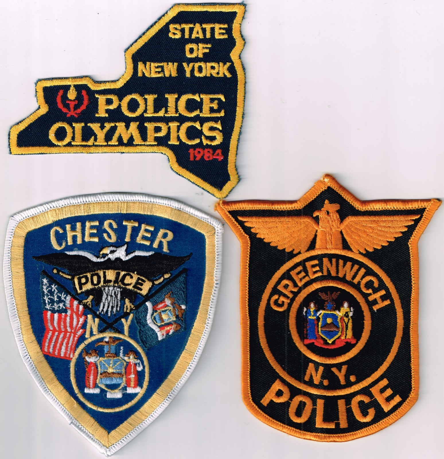 Pick 1 NY Police patch: Greenwich PD/old style Chester/1984 NY Police Olympics
