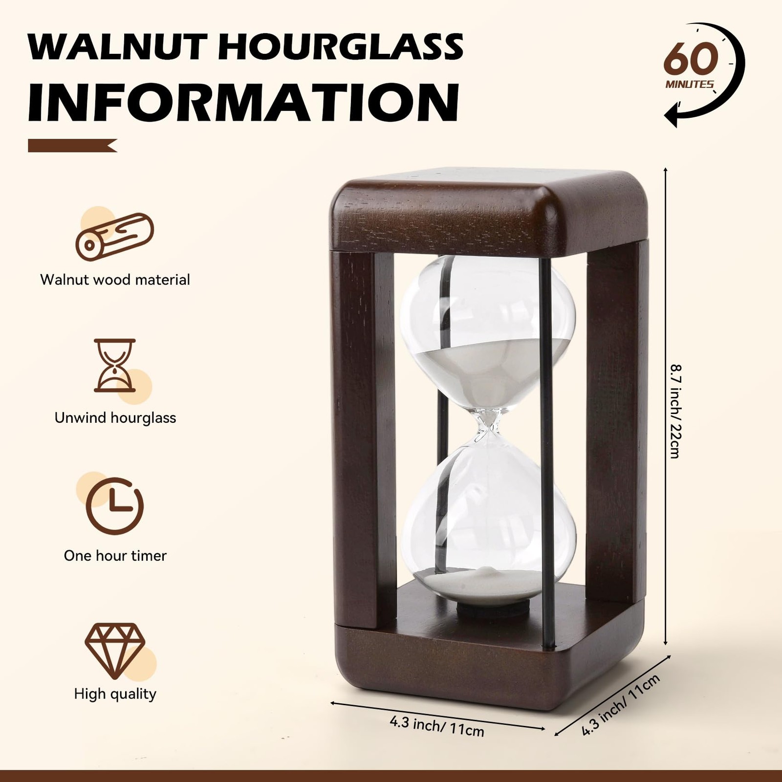Hourglass Timer 60 Minute Large 4.5x4.5x9 Walnut - Elegant Home Decor for Office