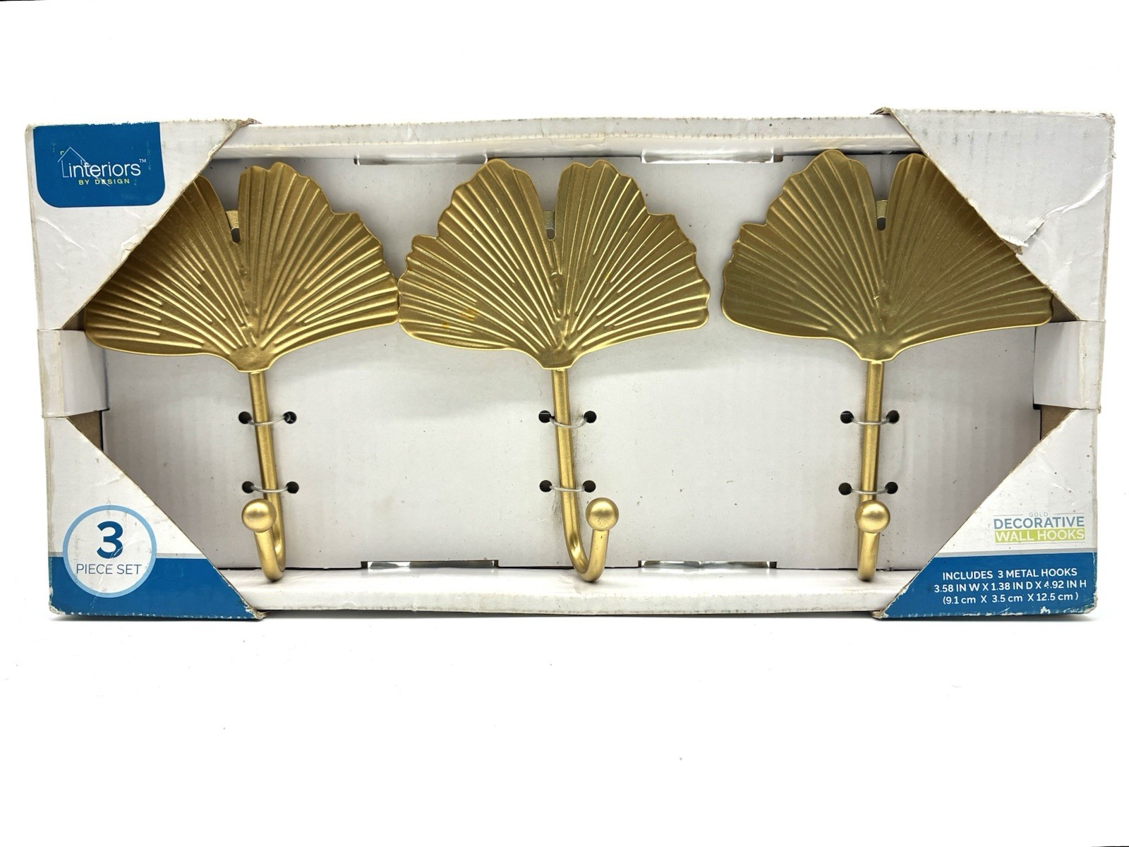 Set of 3 Gold Tone Ginko Leaf Metal Wall Hooks Coats Bags Keyes Art Decor NOS
