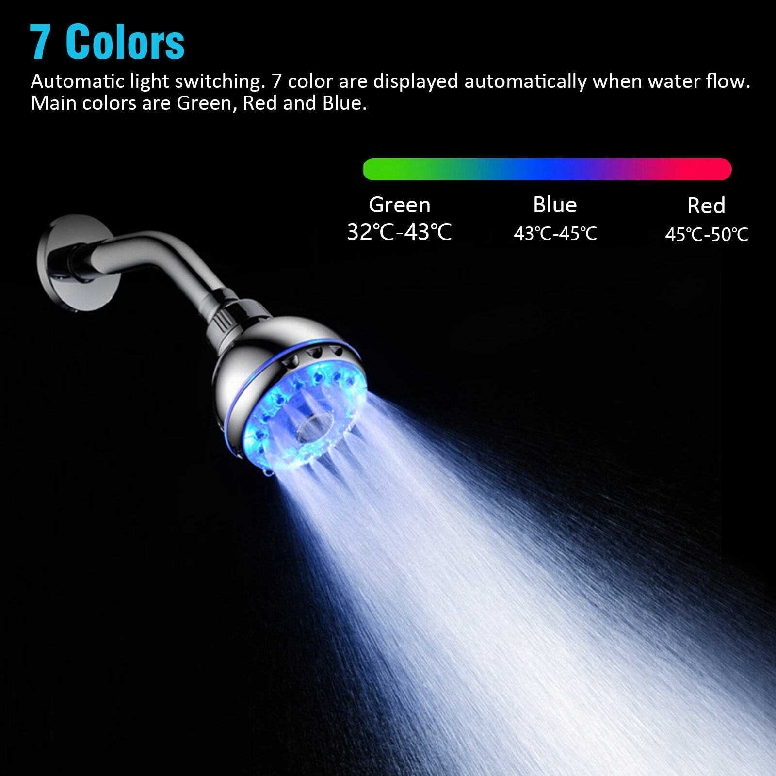 7 Colors Changing LED Shower Head with RGB Light Automatically Sprayer Bathroom