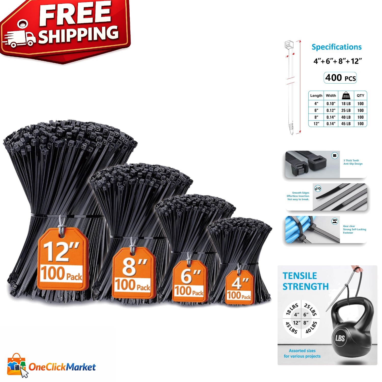 Nylon Zip Ties 400 Pack – 4” to 12” Sizes, Self-Locking & UV Resistant