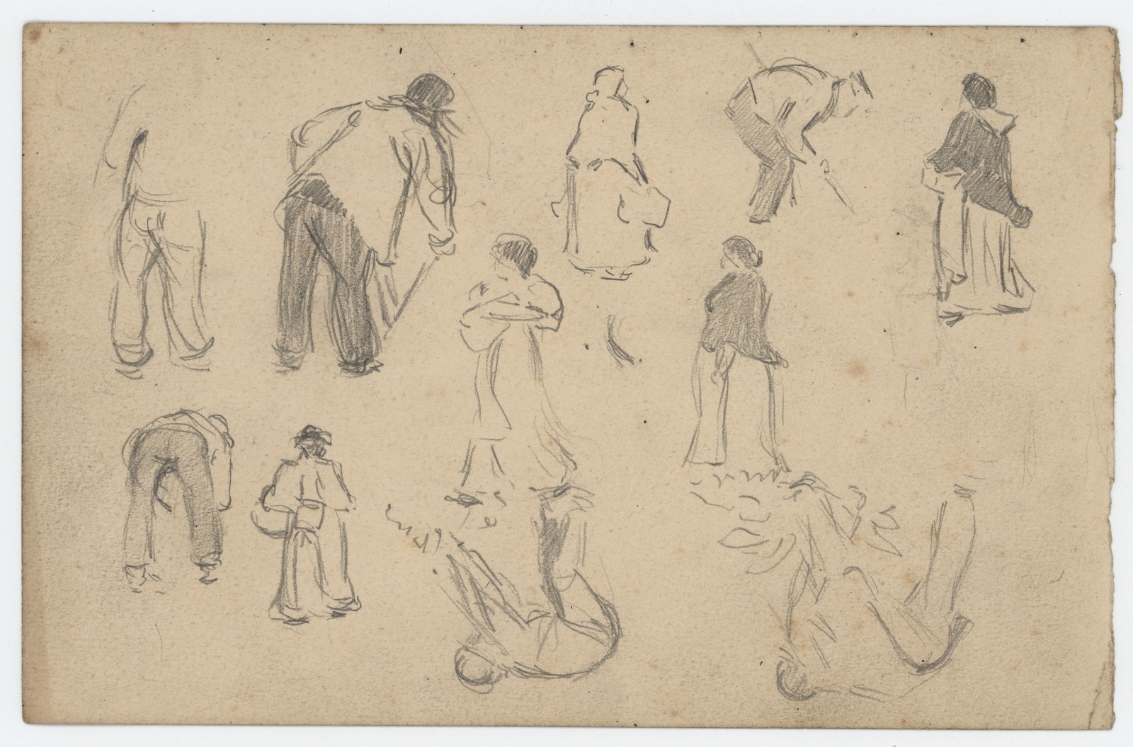 Study Pencil Drawing Passersby Craftsmen Work Professions 1898 Dated