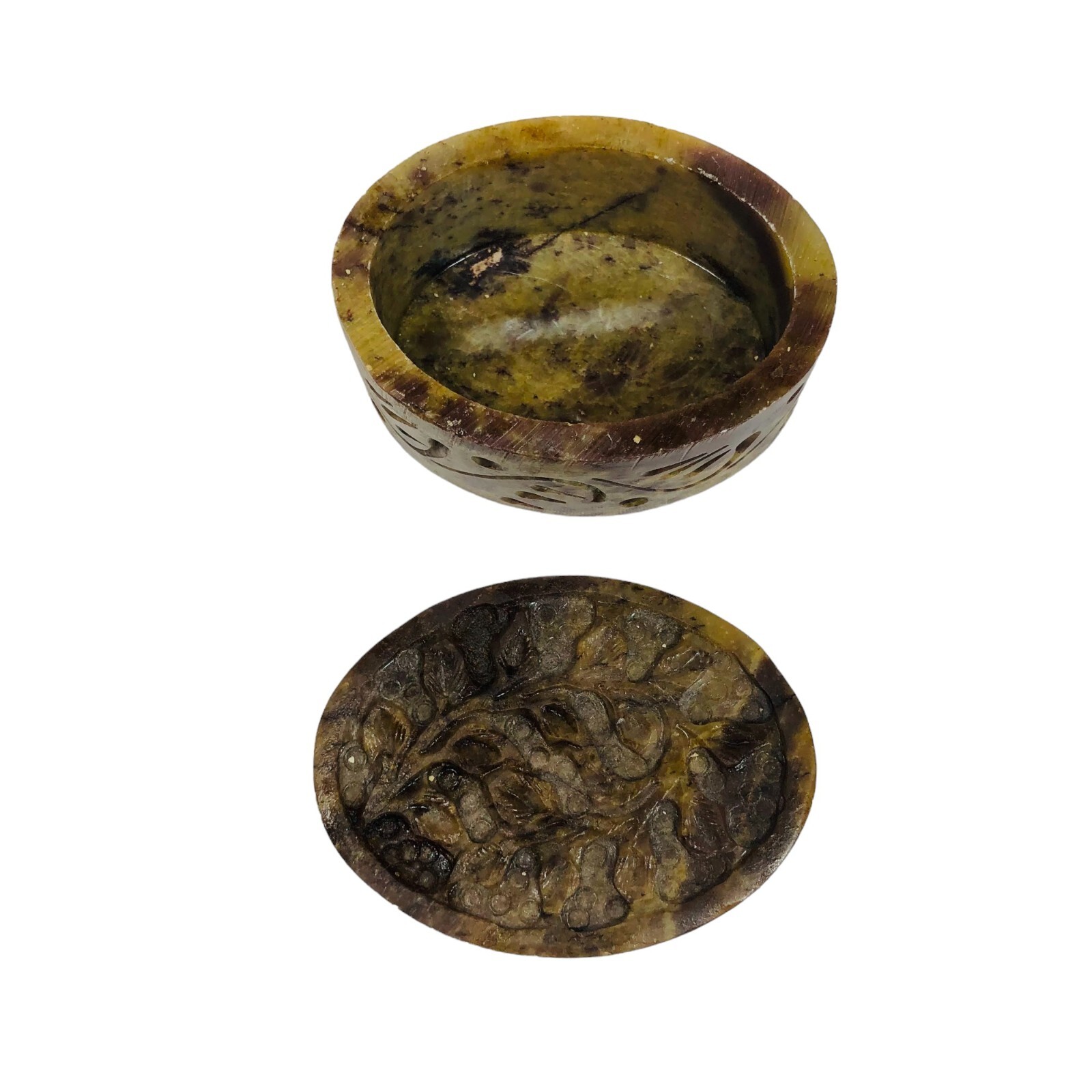 Carved Soapstone Brown Ring Trinket Oval Floral Box Pattern