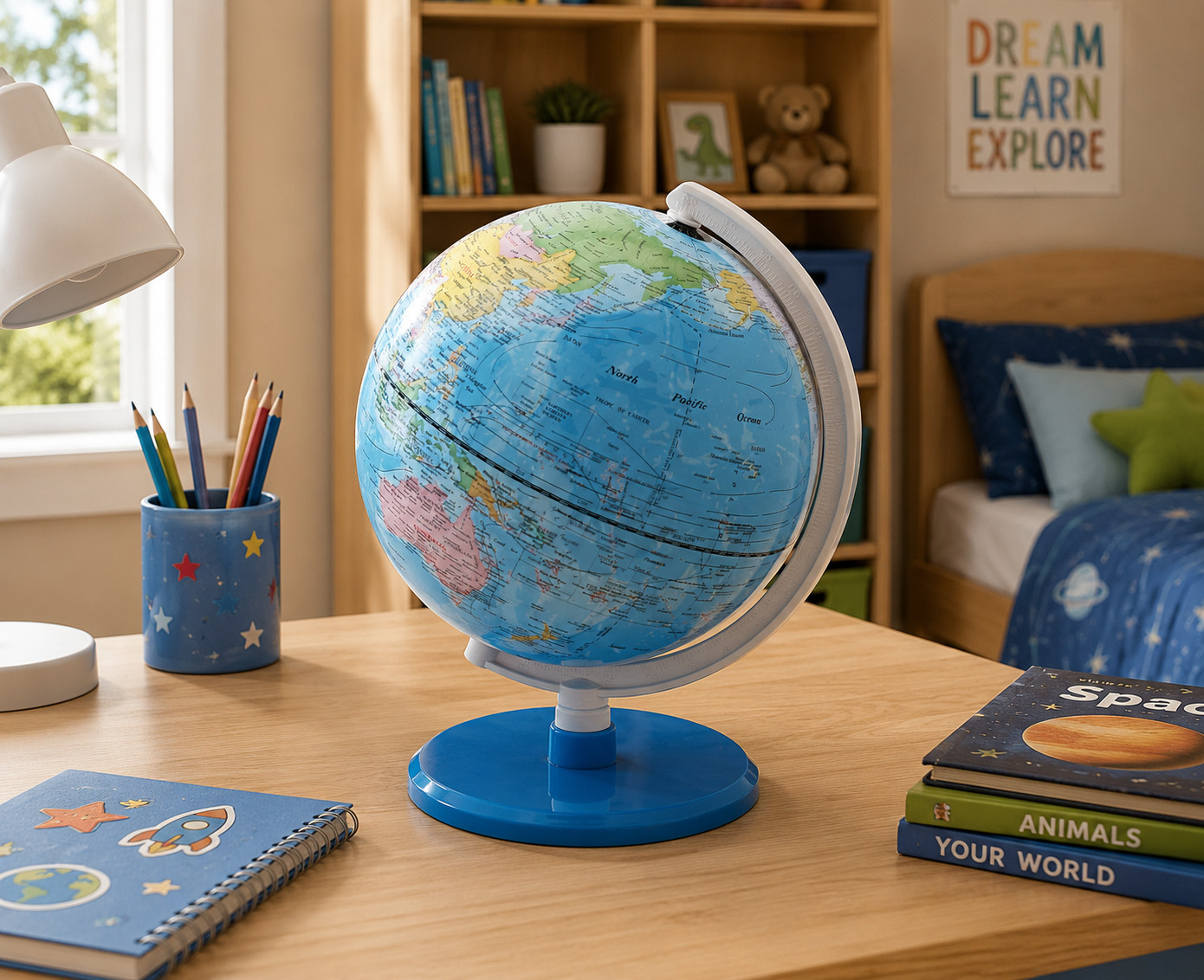 8" Blue Ocean World Globe Table Top Political Map Modern Style New