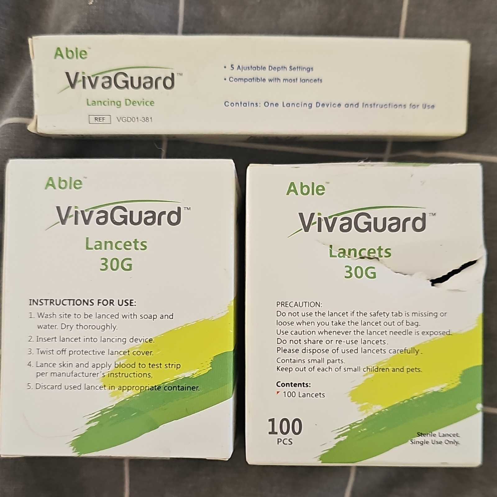 Able VivaGuard 30G Lancets 100 PCS & White Sterile Lancing Device VGD01-381