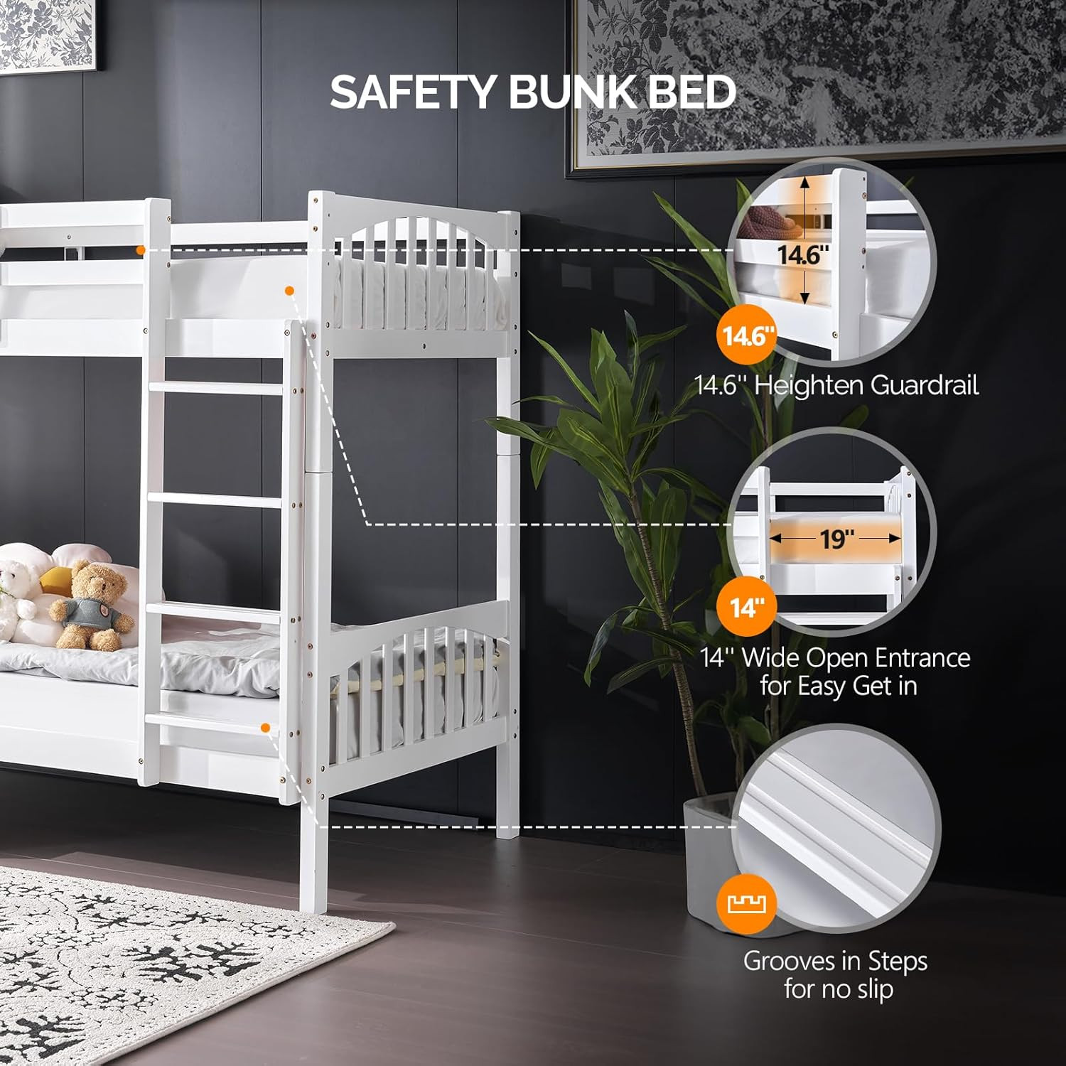 Bunk Bed Frame with Ladder for Kids Easy Assembly No Box Spring Needed White