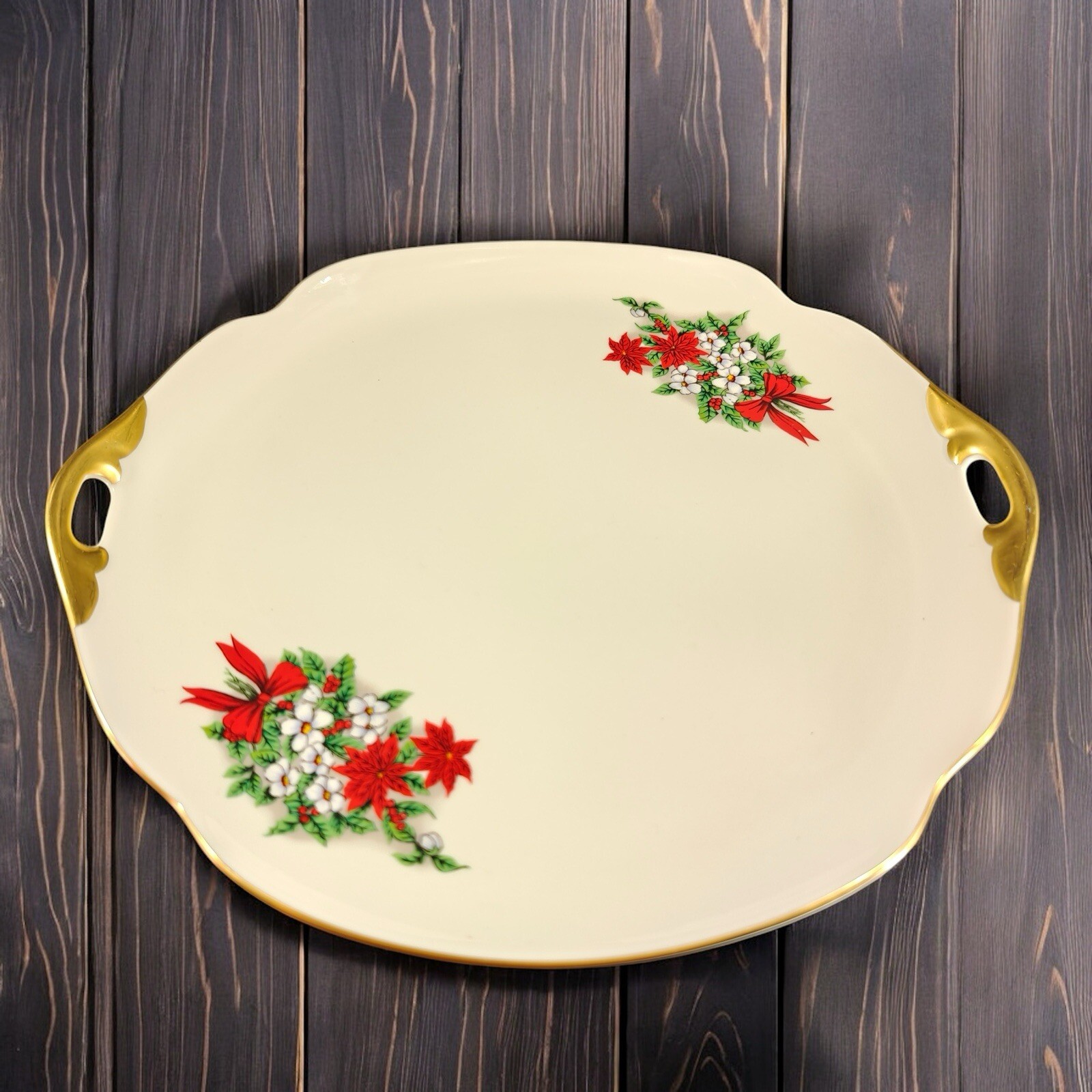 Pickard China Hand Decorated Poinsettia Plate Platter Porcelain USA Holiday VTG