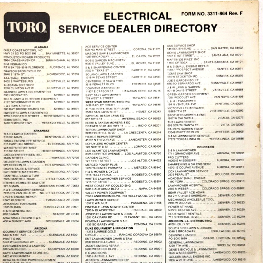 TORO Electrical Service Dealer Directory by States Booklet Form No. 3311-864 Vtg