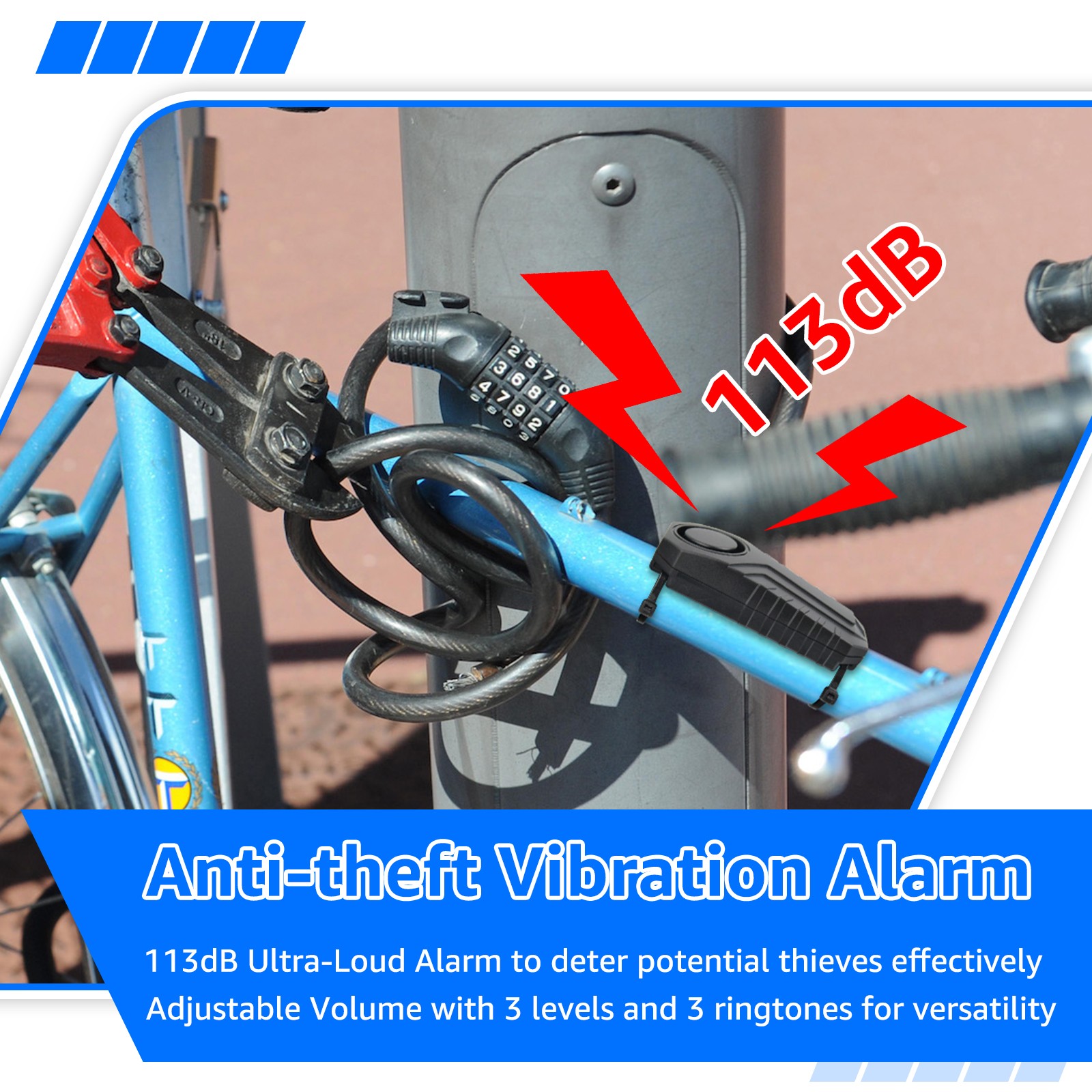 1× Security Alarm for Bikes/Ebikes 7-Level Sensitivity Waterproof Easy Install