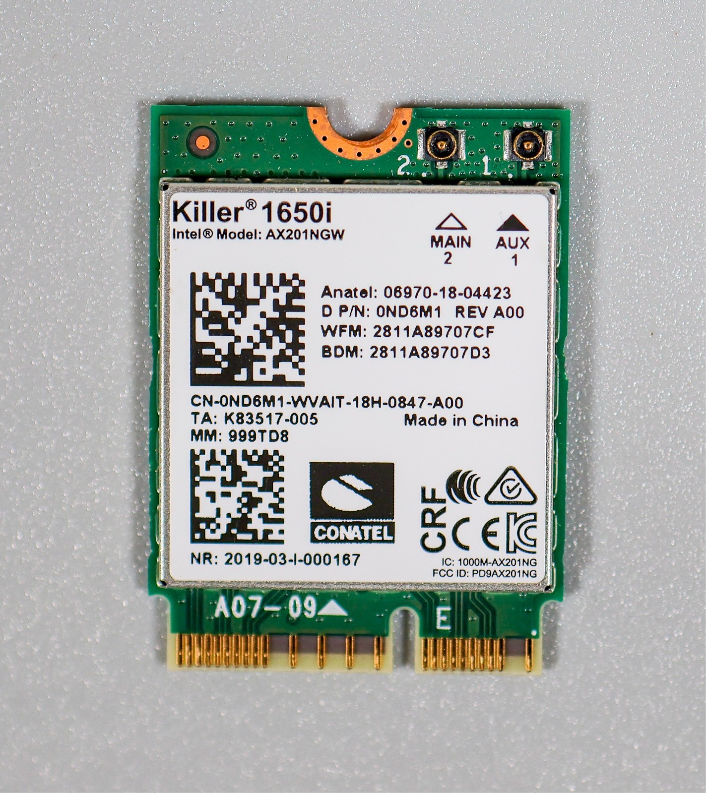 Intel Killer 1650i AX201NGW WiFi 6 Bluetooth M.2 2230 Card Dell 0ND6M1