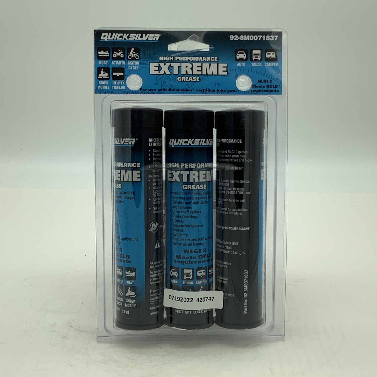Mercury / Quicksilver 92-8M0071837 Extreme Grease 3 Oz. Cartridge 3 Pack