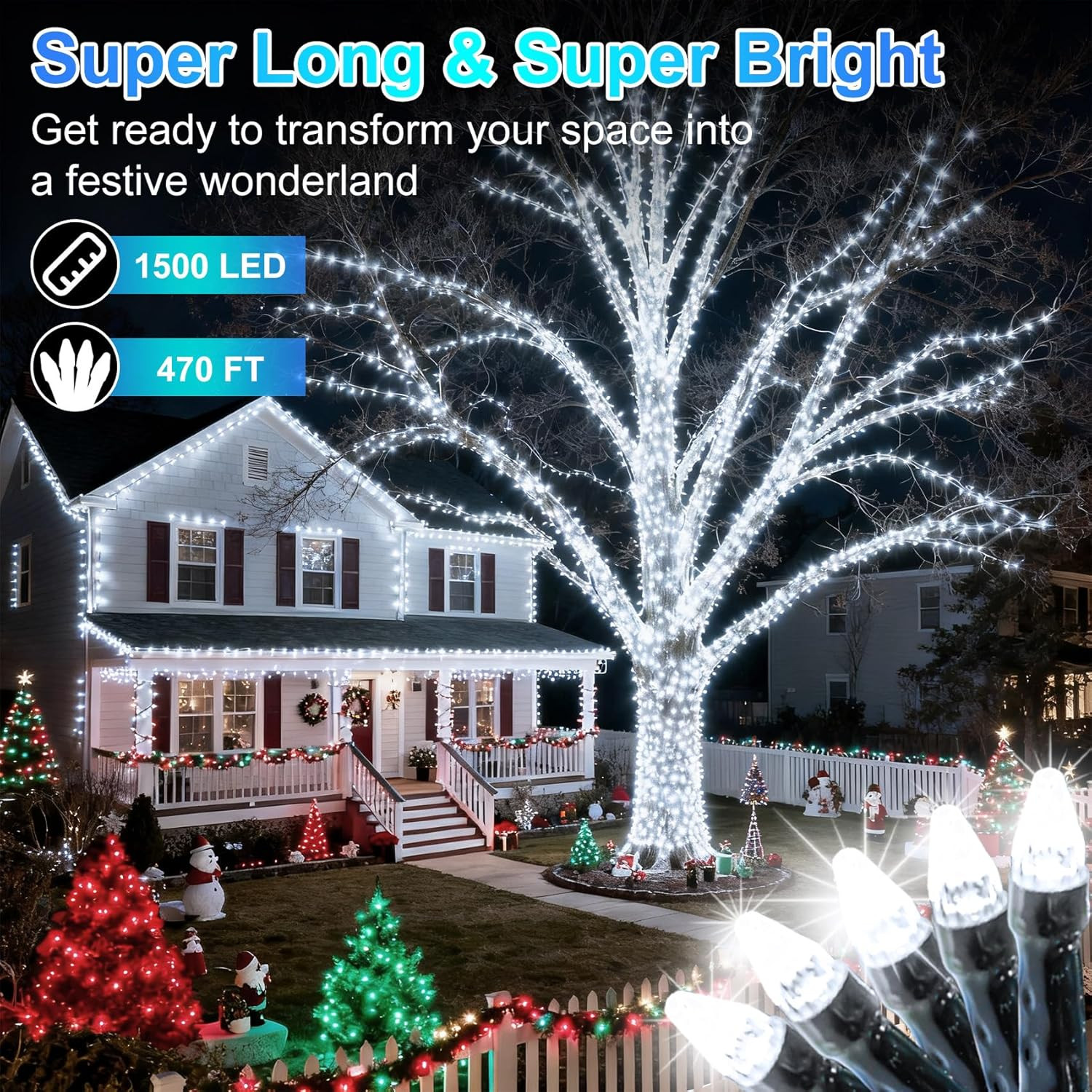 1500 LED 470FT Christmas String Lights, 12 Modes and Timer Memory Dimmable, Plug