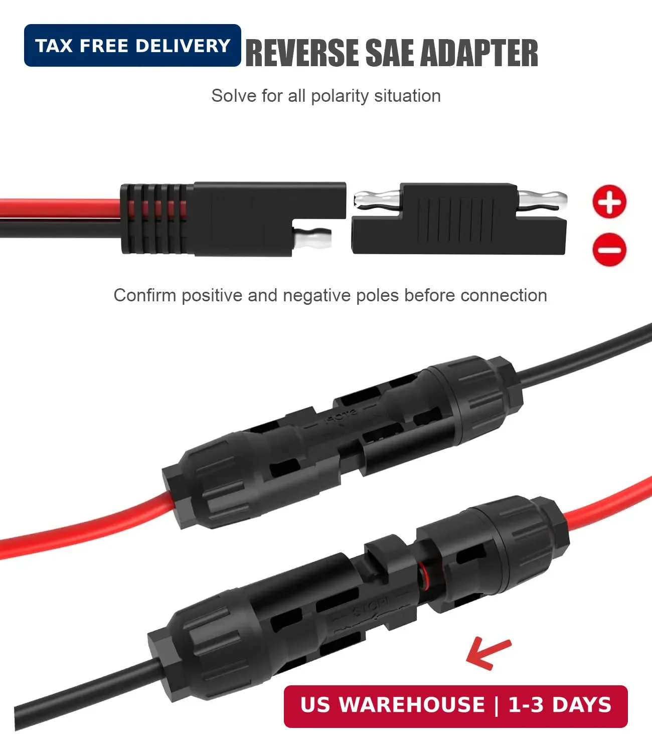 Solar Extension Cable - 10AWG, 30Cm with 2 SAE Polarity Reverse Adapters